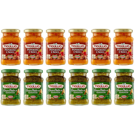 Star Testpaket Tigullio Pesto alla Genovese mit basilikum Pesto Peperoni e Noci mit Pfeffer und Walnüssen Sauce Soße 12x190g Original italienisch
