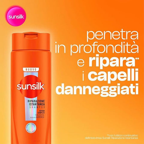 6x Sunsilk, Shampoo Riparazione Istantanea Shampoo für geschädigtes Haar, repariert das Haar bereits nach einer Anwendung*, Formel angereichert mit einem Reparaturkomplex aus Peptiden, Vitamin C und Mandelöl, 250 ml