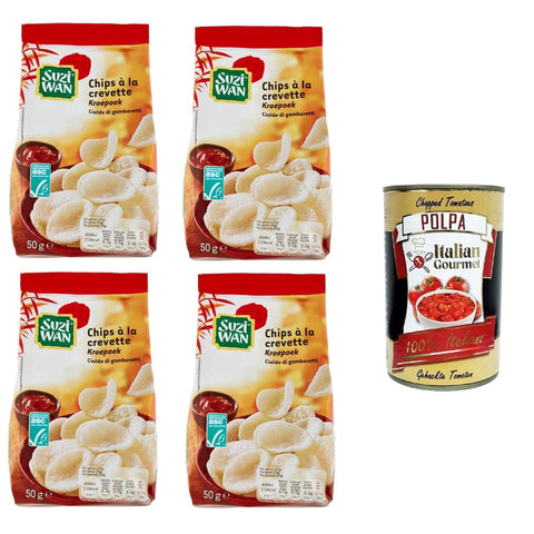 Suzi Wan Snacks Suzi Wan Cialde di gamberetti Shrimp Waffles Knusprige Waffeln aus Tapiokamehl und Garnelen 4x50 g italienisch Original Pastasauce + kostenlos polpa 400 g 8032804040014