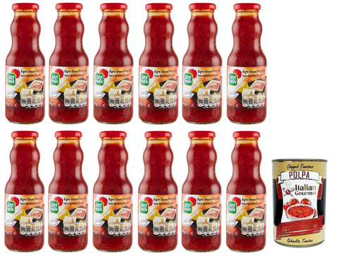 Suziwan Suzi Wan Salsa Agrodolce Piccante Scharfe süß-saure Soße Ideal für Aperitifs Glas 350 g 12x italienisch Original + gratis Polpa di Pomodoro 400 g Dose