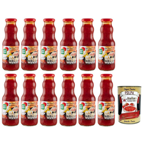 Suziwan Salsas Suziwan Suzi Wan Salsa Agrodolce Piccante Scharfe süß-saure Soße Ideal für Aperitifs Glas 350 g 12x italienisch Original + kostenlos Polpa di Pomodoro 400 g Dose 4002359660986