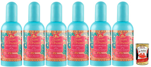 Tesori d'oriente Eau de Toilette Tesori d'Oriente Ayurveda Profumi Edt Eau de Toilette 6x 100 ml spray, Aromatic perfume, Frischer und blumiger Duft + Italian Gourmet polpa 400g 8008970043654