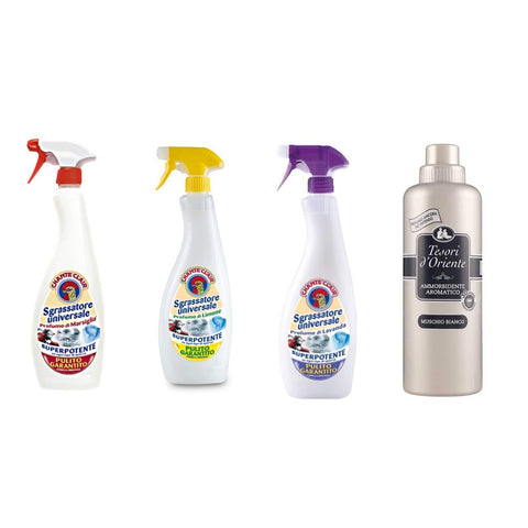 Tesori d'Oriente Flüssiger Weichspüler Testpaket Tesori d'Oriente Ammorbidente Weichspüler Weißer Moschus (1x750 ml) - ChanteClair Sgrassatore universeller Entfetter (3x625 ml) italienisch Original 8008970041063