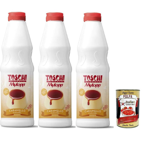 Toschi Dessertsaucen Toschi Topping Squeeze Caramello, Karamell Topping Sauce für Kaffee, Cocktails, Eisbecher, Porridge, Pfannkuchen und Gebäck 1kgr 3x Original italienisch inkl. Italian Gourmet Polpa 400g 80555773