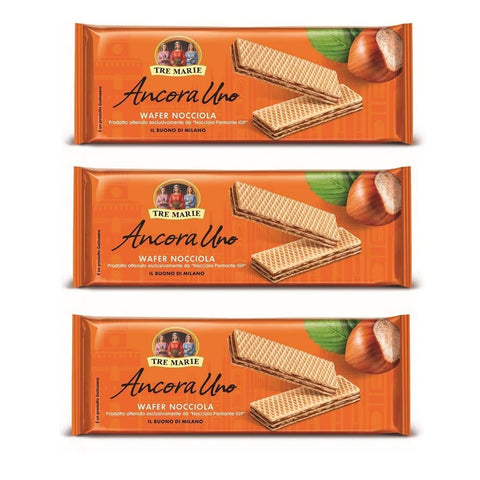 Tre Marie Abgepackte Gebäckstücke Tre Marie Ancora Uno Wafer Nocciola Waffeln mit Haselnusscreme Produkt erhalten von Piemont Haselnuss IGP 175 g 3x italienisch Original Kekse 8002190003382
