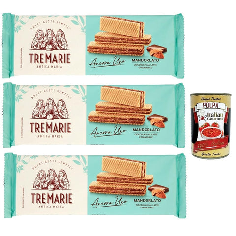 Tre Marie Snack Kuchen & Backwaren Tre Marie Ancora Uno Wafer Mandorlato Waffeln gefüllt mit Milchschokolade Creme und gehackten Mandeln 3x140 g italienisch Original Kekse + kostenlos polpa 400 g 8032804040014