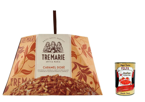 TreMarie Brot & Backwaren Tre Marie Panettone Caramel Dorè Weihnachtskuchen mit Karamell Drops und weichen Birnen Würfeln 900g + Italian gourmet polpa 400g 7443631161161