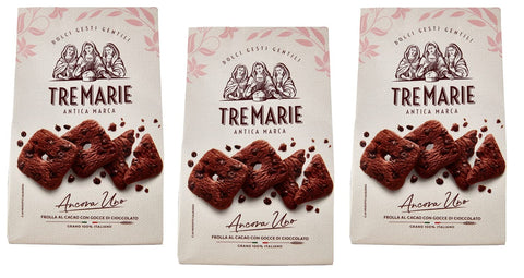 TreMarie 3x Tre Marie Ancora Uno Frolla al Cacao con Gocce di Cioccolato Kekse Kakao Kekse mit Tropfen aus Dunkler Schokolade Biscuits 315 g Packung italienisch