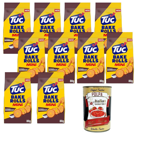 Tuc Bake Chips Tuc Bake Rolls Mini Barbecue Geschmack,Knusprige Brotchips mit BBQ-Würzung 10 x 80g+ Italian Gourmet Polpa Gehackte Tomaten 400g