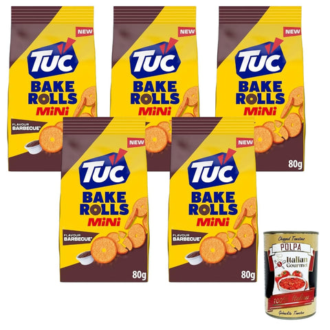 Tuc Bake Chips Tuc Bake Rolls Mini Barbecue Geschmack,Knusprige Brotchips mit BBQ-Würzung 5x 80g+ Italian Gourmet Polpa Gehackte Tomaten 400g