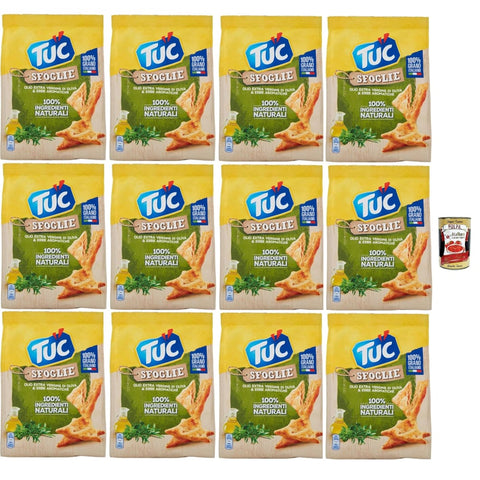 Tuc Chips Tuc Sfoglie, Extra natives Olivenöl und aromatische Kräuter, dünne und knusprige Dreiecke, im Ofen gegart, 12x 170g Original italienisch inkl. Italian Gourmet Polpa 400g 8032804040014