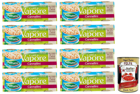Valfrutta Hülsenfrüchte & Bohnen 8x Valfrutta Fagioli Cannellini Italiani,Italienische Cannellini-Bohnen,Hülsenfrücht Gemüse Dampfgaren,Dosen 3x150g + Italian Gourmet Polpa di Pomodoro 400g Dose 8001440116728