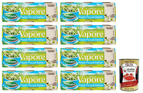 Valfrutta Hülsenfrüchte & Bohnen 8x Valfrutta Piselli Piccoli Italiani,Kleine italienische Erbsen,Hülsenfrücht Gemüse Dampfgaren,Dosen 3x150g + Italian Gourmet Polpa di Pomodoro 400g Dose 8001440116735