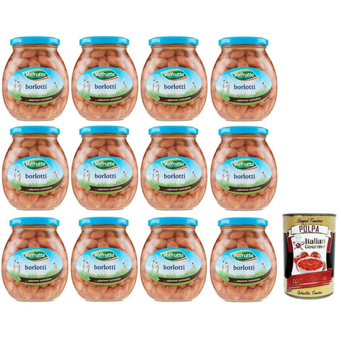 Valfrutta Hülsenfrüchte & Bohnen Valfrutta Fagioli Borlotti,Italienische Borlotti-Bohnen,Hülsenfrucht Gemüse Gekochte Bohnen,Glas 360g 12x Original italienisch inkl. Italian Gourmet Polpa di Pomodoro 400g Dose 8001440001383
