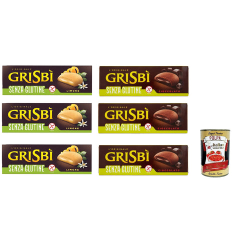 Testpaket Vicenzi Grisbì gluten frei kekse Mürbeteiggebäck, gefüllt mit weicher Zitrone und Schokolade creme 7x150 g italienisch Original + kostenlos polpa 400 g