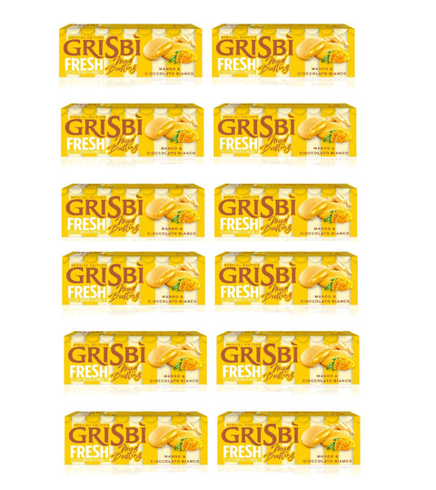 Vicenzi Knabberartikel 12x Vicenzi Grisbì Mango e Cioccolato bianco Kekse mit Mango- und weißer Schokoladencremefüllung, 112 g
