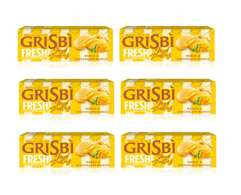 Vicenzi Knabberartikel 6x Vicenzi Grisbì Mango e Cioccolato bianco Kekse mit Mango- und weißer Schokoladencremefüllung, 112 g