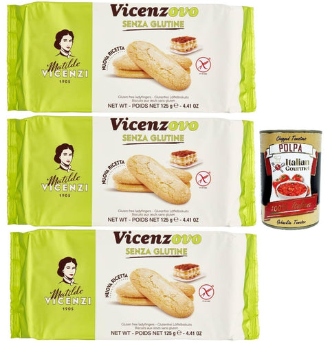 Vicenzi Snack Kuchen & Backwaren Matilde Vicenzi - Savoiardi Vicenzovo, Laktose und glutenfrei, traditionelle, einfache und leichte Kekse, hergestellt mit 26% frischen Eiern, Zucker und Mehl, 3x 125gr + Italian Gourmet polpa 400g 8000350005795