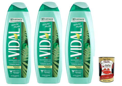 Vidal Duschgel Vidal, bagnoschiuma muschio bianco, white musk weißes Moos Schaumbäder Bades bath shower foam 3x 500ml + Italian Gourmet polpa 400g 8008970055350