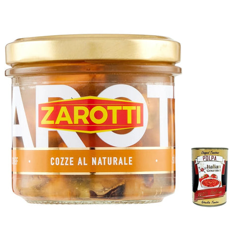 Zarotti Koch- & Backzutaten Zarotti Cozze al naturale, Muscheln in Aufguß in glas 140g 6x Original italienisch inkl. Italian Gourmet Polpa 400g 8032804040014