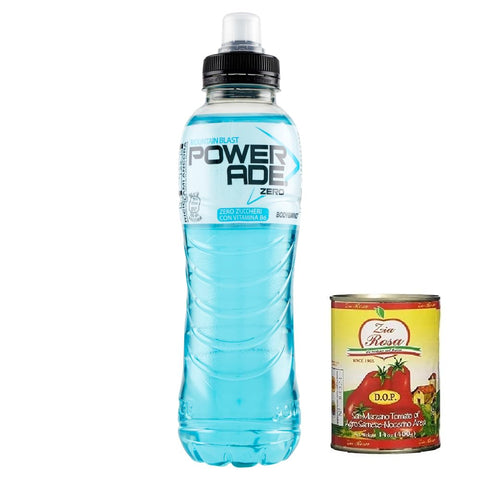 Zia Rosa Energy Drinks 24x Powerade Mountain Blast Zero,Zuckerfreies,Heidelbeergeschmack,kalorienarmes Sport Getränk 500ml PET + 1x Zia Rosa DOP Pomodoro San Marzano Dose von 400g 5449000158987