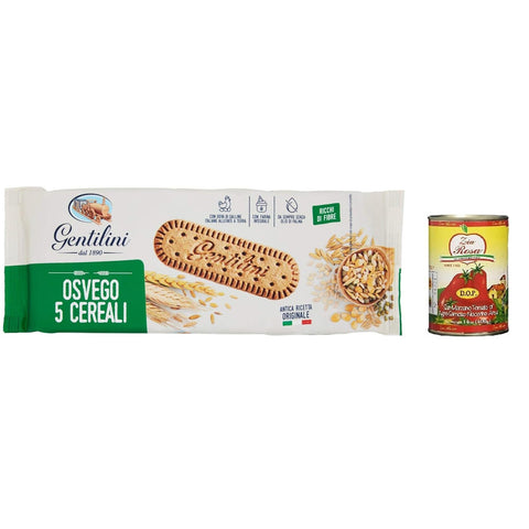 Zia Rosa Gentilini Biscotti Osvego 5 Cereali Ricchi di Fibre, Kekse mit 5 Cerealien, reich an Ballaststoffen 250g + Zia Rosa DOP Pomodoro San Marzano Dose von 6x 400g Original italienisch