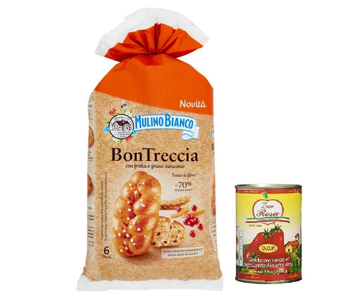 Zia Rosa Mulino Bianco Bontreccia, Vollkornbrot mit Preiselbeeren und Buchweizen 225 g + Zia Rosa DOP Pomodoro San Marzano Dose von 400 g italienisch Original