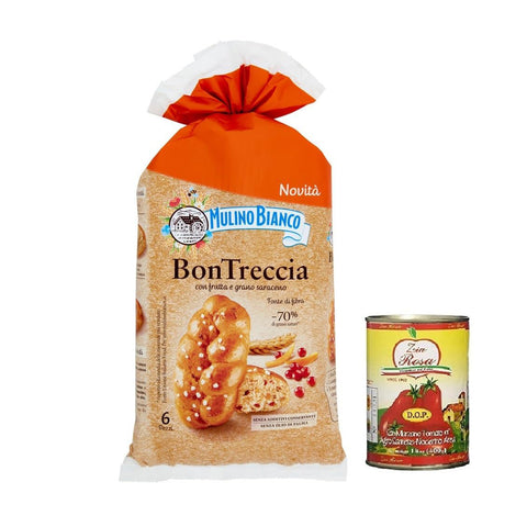 Zia Rosa Mulino Bianco Bontreccia, Vollkornbrot mit Preiselbeeren und Buchweizen 225 g + Zia Rosa DOP Pomodoro San Marzano Dose von 400 g italienisch Original
