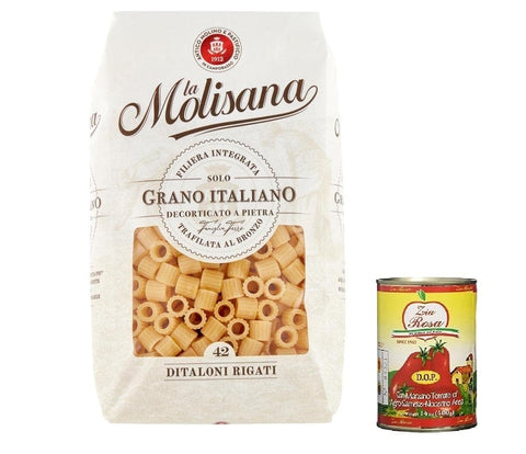 Zia Rosa Längliche Pasta 10x La Molisana Ditaloni rigati N. 42 Pasta Lenta Lavorazione Teigwaren aus Hartweizengrieß Bronze-Zeichnung 500g + Zia Rosa DOP Pomodoro San Marzano Dose von 400g 8004690054727