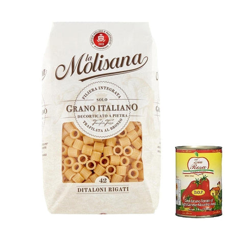 Zia Rosa La Molisana Ditaloni rigati N. 42 Pasta Lenta Lavorazione Teigwaren aus Hartweizengrieß Bronze Zeichnung 500 g + Zia Rosa DOP Pomodoro San Marzano Dose von 400 g italienisch Original