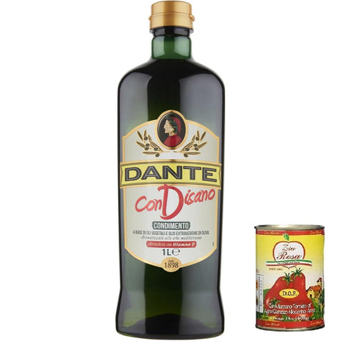 Dante Condisano, Mischung aus Pflanzenölen und nativem Olivenöl extra, angereichert mit Vitamin D. 1000ml 3x Original italienisch inkl. Zia Rosa DOP Pomodoro San Marzano Dose von 400g