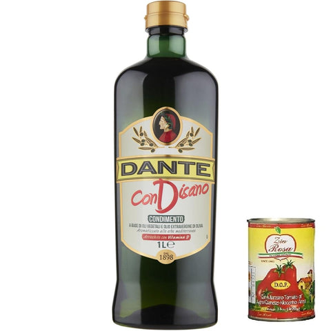 Dante Condisano, Mischung aus Pflanzenölen und nativem Olivenöl extra, angereichert mit Vitamin D. 1000ml 3x Original italienisch inkl. Zia Rosa DOP Pomodoro San Marzano Dose von 400g