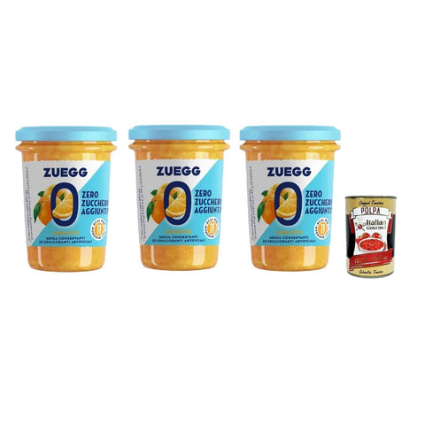 Zuegg Zero Arance Orange Marmelade Jam Ohne Zuckerzusatz Frei von Konservierungsstoffen Glas 3x220 g italienisch Original Pastasauce + kostenlos Polpa di Pomodoro