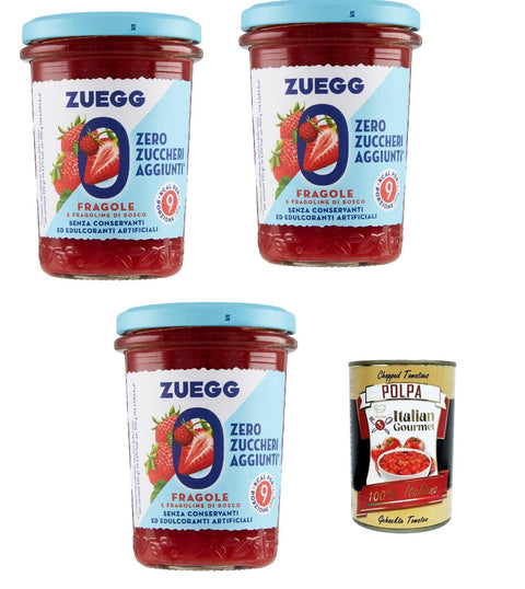 Zuegg Fruchtaufstrich Zuegg Zero Fragole, Erdbeeren Marmelade Jam Ohne Zuckerzusatz,Frei von Konservierungsstoffen 3x 220g Glas + Italian Gourmet Polpa di Pomodoro 400g Dose 80322863