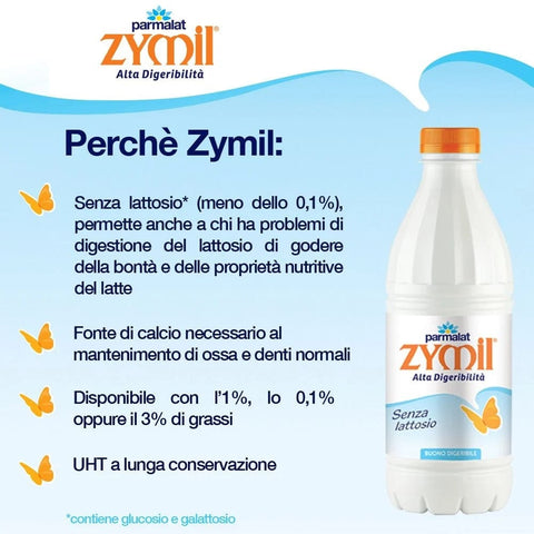 Zymil Milch Zymil Alta Digeribilita Senza lattosio Buono Digeribile, in valigetta da 6 bottiglie, senza lattosio 1L, 1 % Fett, haltbare, laktosefreie Milch 6x1L 8002580004166