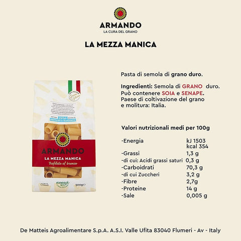 Armando pasta Il Grano Di Armando La mezza manica Weizen Bronze gezeichnet Pasta 500g 8005709204799