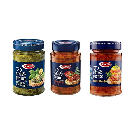 Testpackung Barilla 3in1 Pesto Rustico Basilico und Zucchine Pomodori secchi Mediterraneo 3x200g - Italian Gourmet