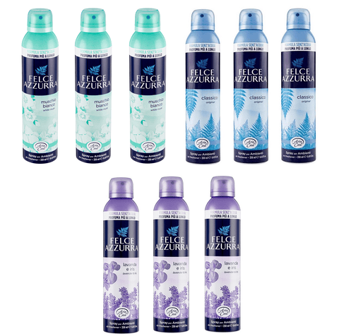 Testpaket Felce Azzurra Raumspray Talkum Lavendel und Iris Weißer Moschus ( 9 x 250ml ) - Italian Gourmet