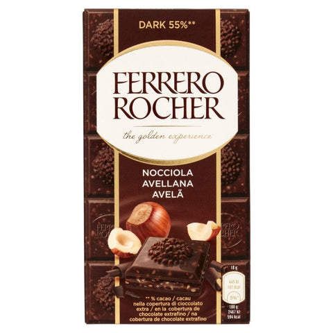 Ferrero Schokoladentafel 1x90g Ferrero Rocher  Ferrero Rocher Dark - tavoletta ricoperta di cioccolato extra 55% con ripieno alla nocciola. Riegel umhüllt von extra 55%iger Schokolade mit Haselnussfüllung.- 90g 8000500359815