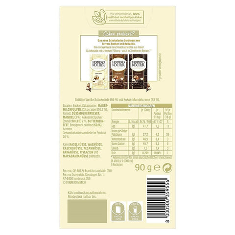 Ferrero Schokoladentafel Ferrero Raffaello Crema di Mandorle e Cocco Gefüllte Weiße Schokolade mit Mandelcreme und Kokos 90g Riegel 8000500359556