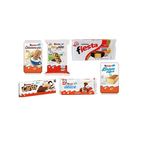 Testpaket Kinder Ferrero 5+1 italian snacks Brioss Colazione più Panecioc Delice Fiesta & Cards - Italian Gourmet