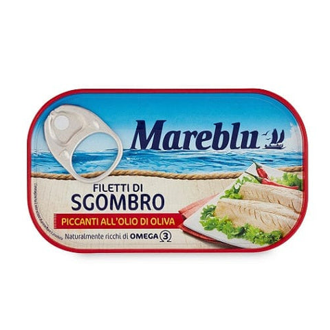 Mareblu Filetti di Sgombro Piccanti all'Olio di Oliva Würzige Makrelenfilets in Olivenöl 90g - Italian Gourmet