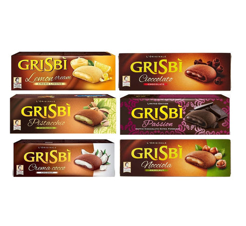Testpackung Grisbì italienische Kekse Cioccolato Limone Pistacchio Cocco Nocciola Passion dunkel (6x150g) - Italian Gourmet