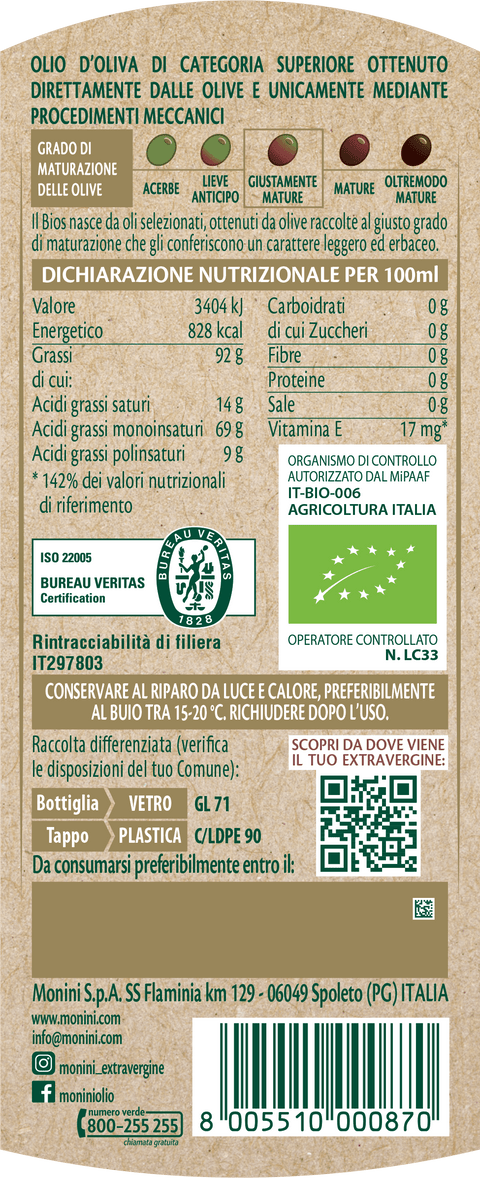 Monini Olivenöl Monini Bios Olio Extravergine di Oliva BIO Natives Olivenöl Extra 750ml 8005510000870