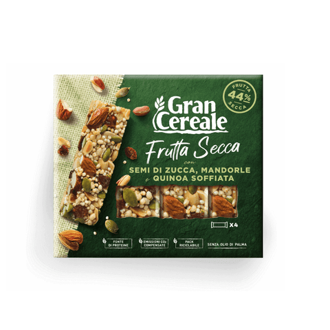 Mulino Bianco Getreideriegel Gran Cereale Barrette con Frutta Secca Semi di Zucca e Quinoa Soffiata Riegel mit Nüssen, Kürbiskernen und gepuffter Quinoa 120g (4x30g)